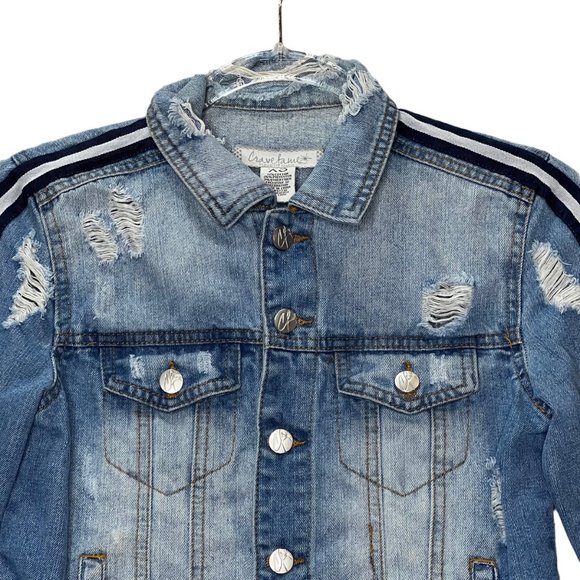 Crave Fame Crop Denim Jacket Womens XS Blue Medium Wash Long Sleeve Distressed B - Picture 2 of 11